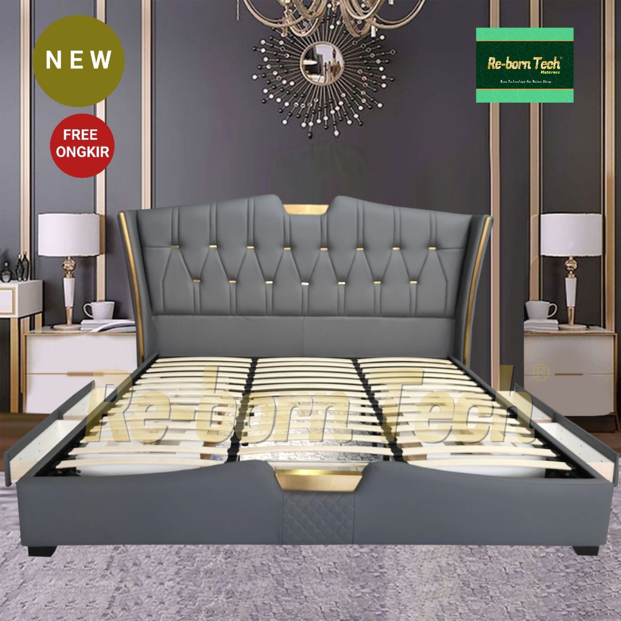 Re-born Tech Tempat tidur dipan headboard laci knockdown modern elegant French